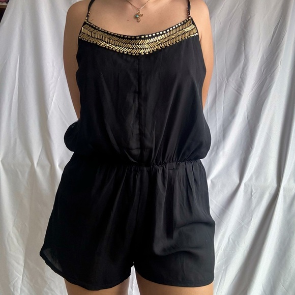 Pants - Black Backless Tie Back Romper with Gold Bead Lining